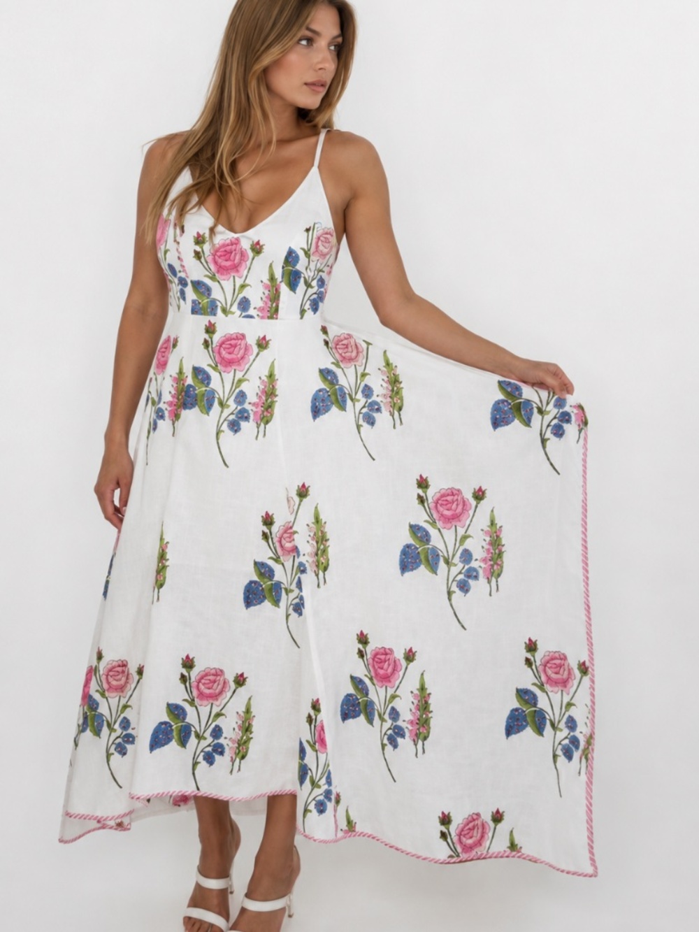 NIBI-MTK Cotton Block Print Cross Back Maxi Dress in Multi Rosette NWT  XS